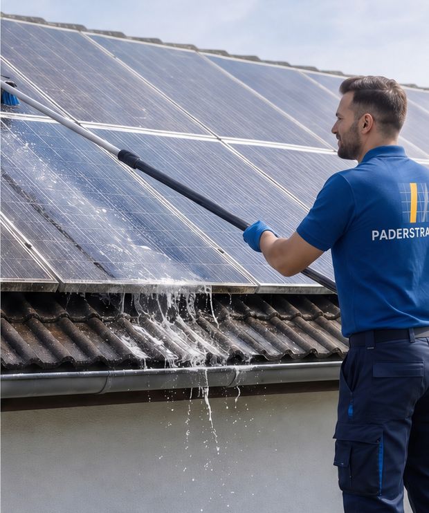 PV Reinigung: entmineralisiertes Wasser läuft rückstandsfrei vom Solarmodul ab